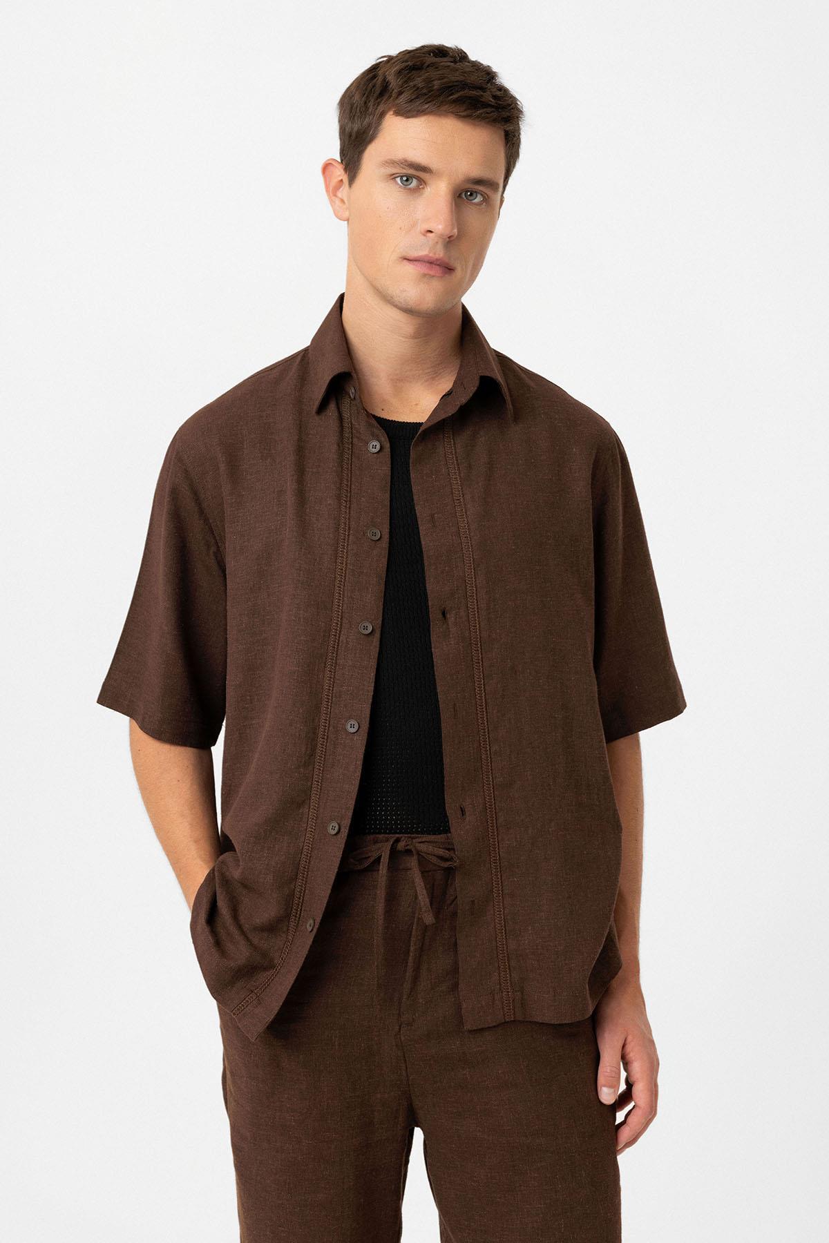 Antioch-Antioch Kahve Keten Karışımlı Relaxed Erkek Gömlek-Gömlek-3-Milagron.com