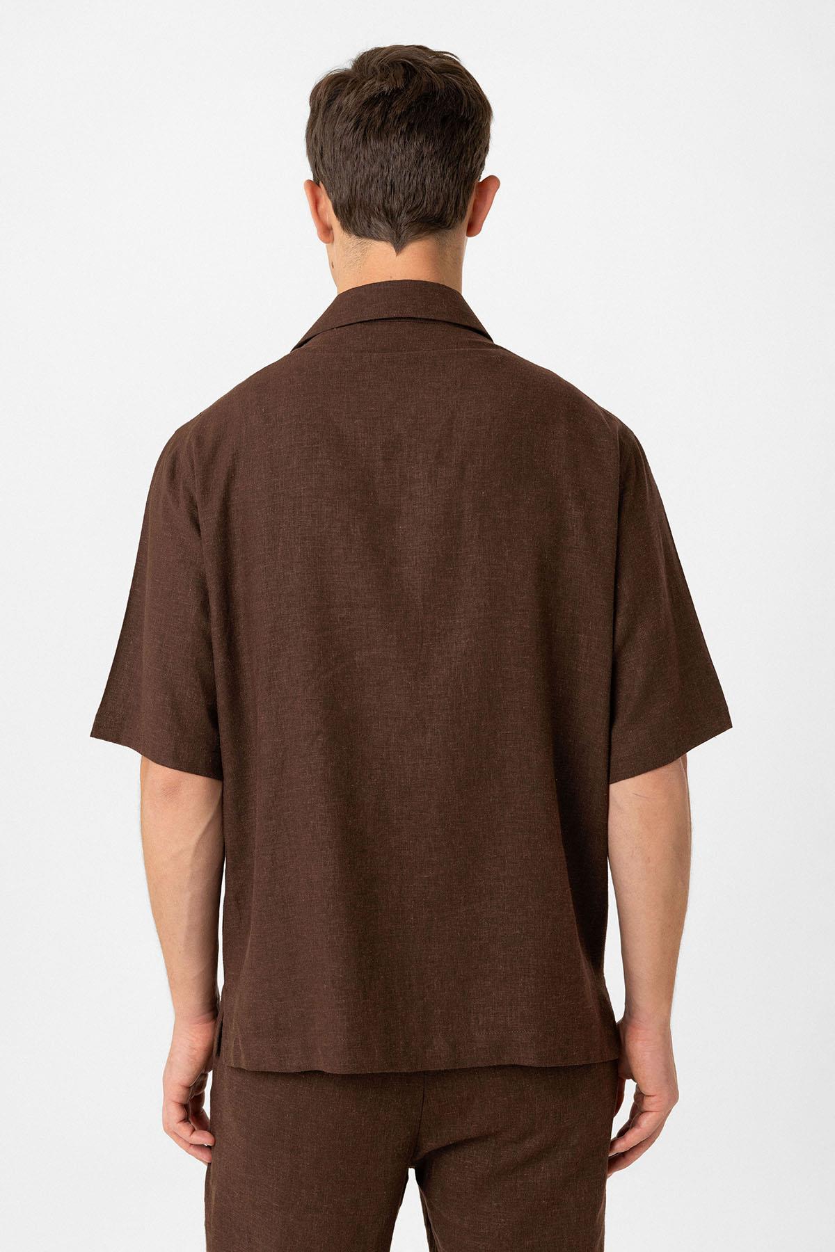 Antioch-Antioch Kahve Keten Karışımlı Relaxed Erkek Gömlek-Gömlek-6-Milagron.com