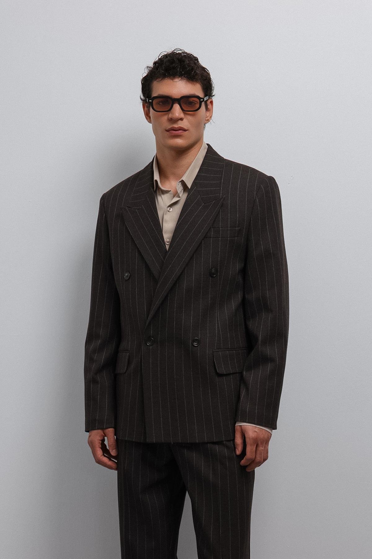 Antioch-Antioch Kahve çizgili Kruvaze Erkek Blazer Ceket-Blazer Ceket-1-Milagron.com