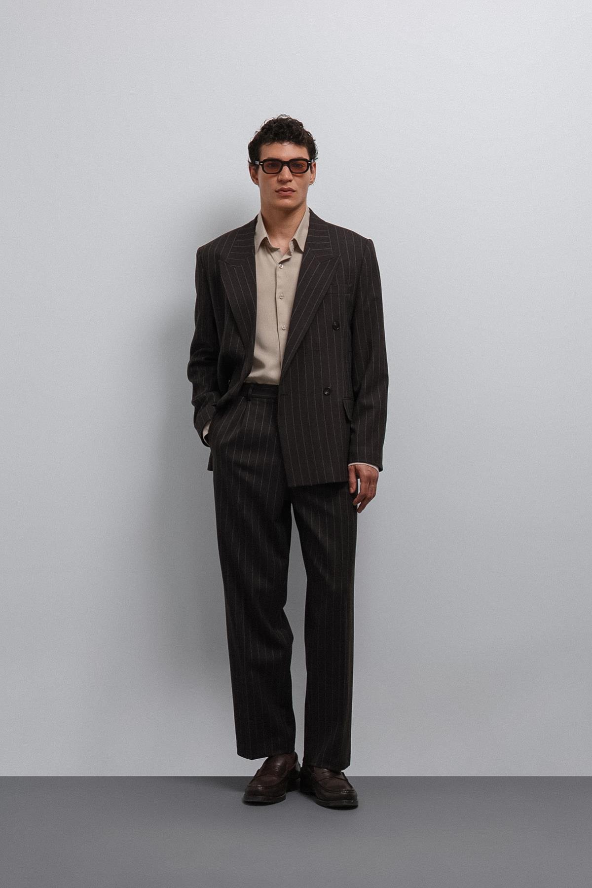 Antioch-Antioch Kahve çizgili Kruvaze Erkek Blazer Ceket-Blazer Ceket-3-Milagron.com