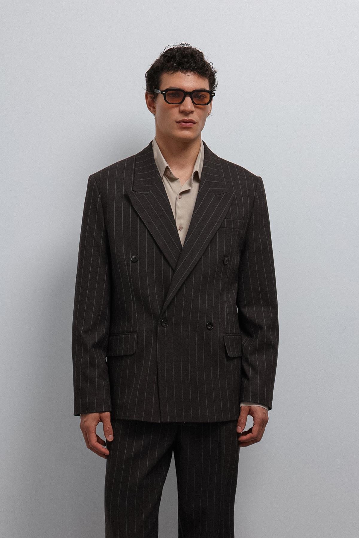 Antioch-Antioch Kahve çizgili Kruvaze Erkek Blazer Ceket-Blazer Ceket-4-Milagron.com