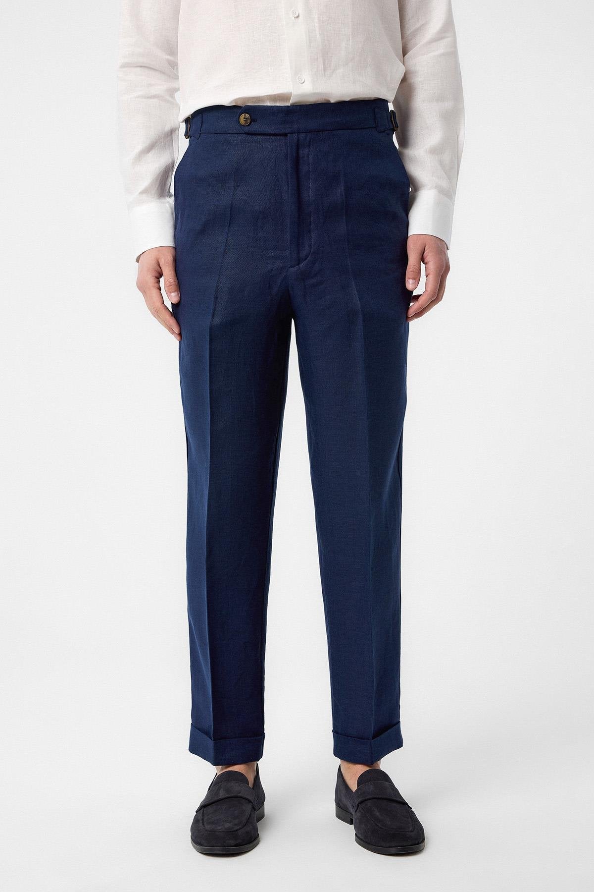 Antioch-Antioch Lacivert 100% Keten İtalyan Kesim Erkek Pantolon-Kumaş Pantolon-1-Milagron.com