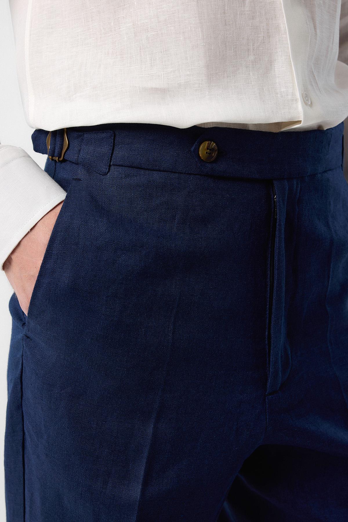 Antioch-Antioch Lacivert 100% Keten İtalyan Kesim Erkek Pantolon-Kumaş Pantolon-3-Milagron.com