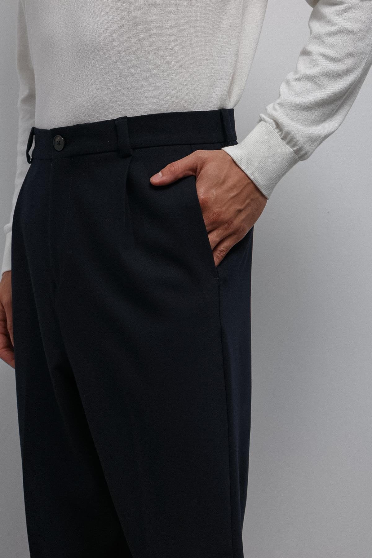 Antioch-Antioch Lacivert Relax Fit Baggy Pilili Erkek Pantolon-Kumaş Pantolon-3-Milagron.com