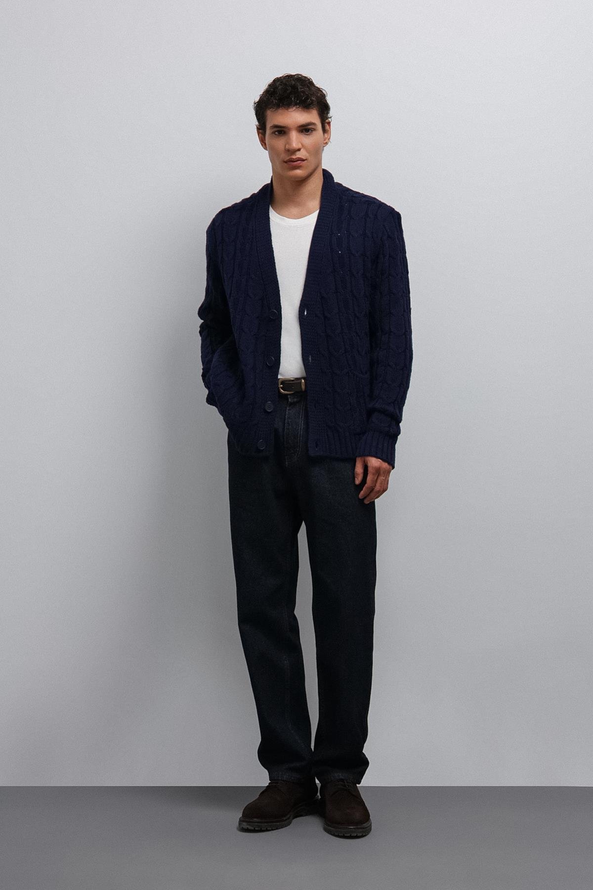 Antioch-Antioch Lacivert Saç örgülü Dokulu Erkek Hırka-Hırka-2-Milagron.com