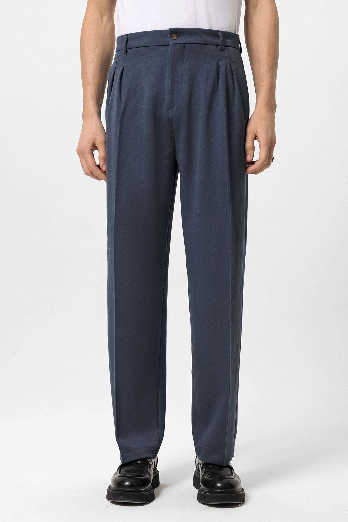 Antioch-Antioch Lacivert Yüksek Bel Pileli Rahat Kalıp Erkek Pantolon-Kumaş Pantolon-1-Milagron.com