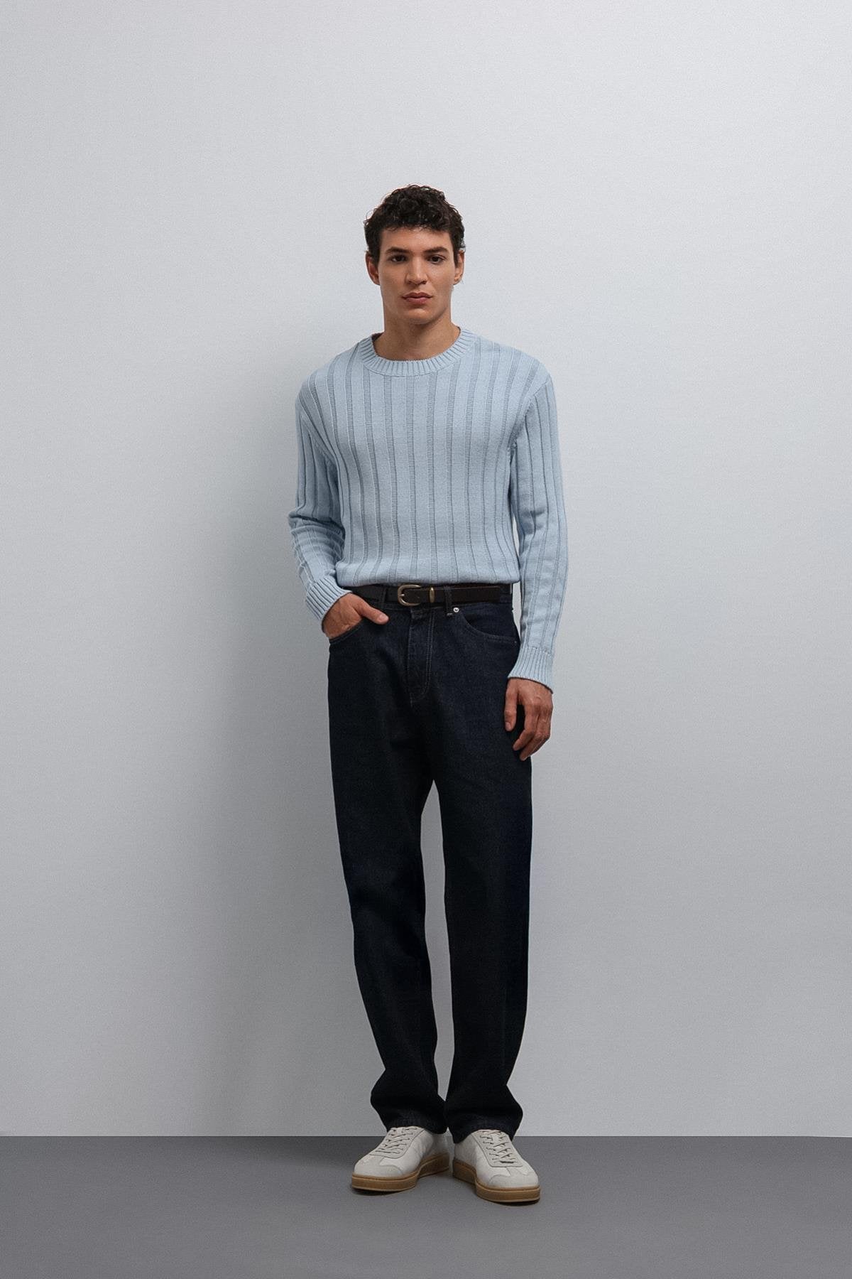 Antioch-Antioch Mavi 100% Pamuk Fitilli Erkek Kazak-Kazak-1-Milagron.com