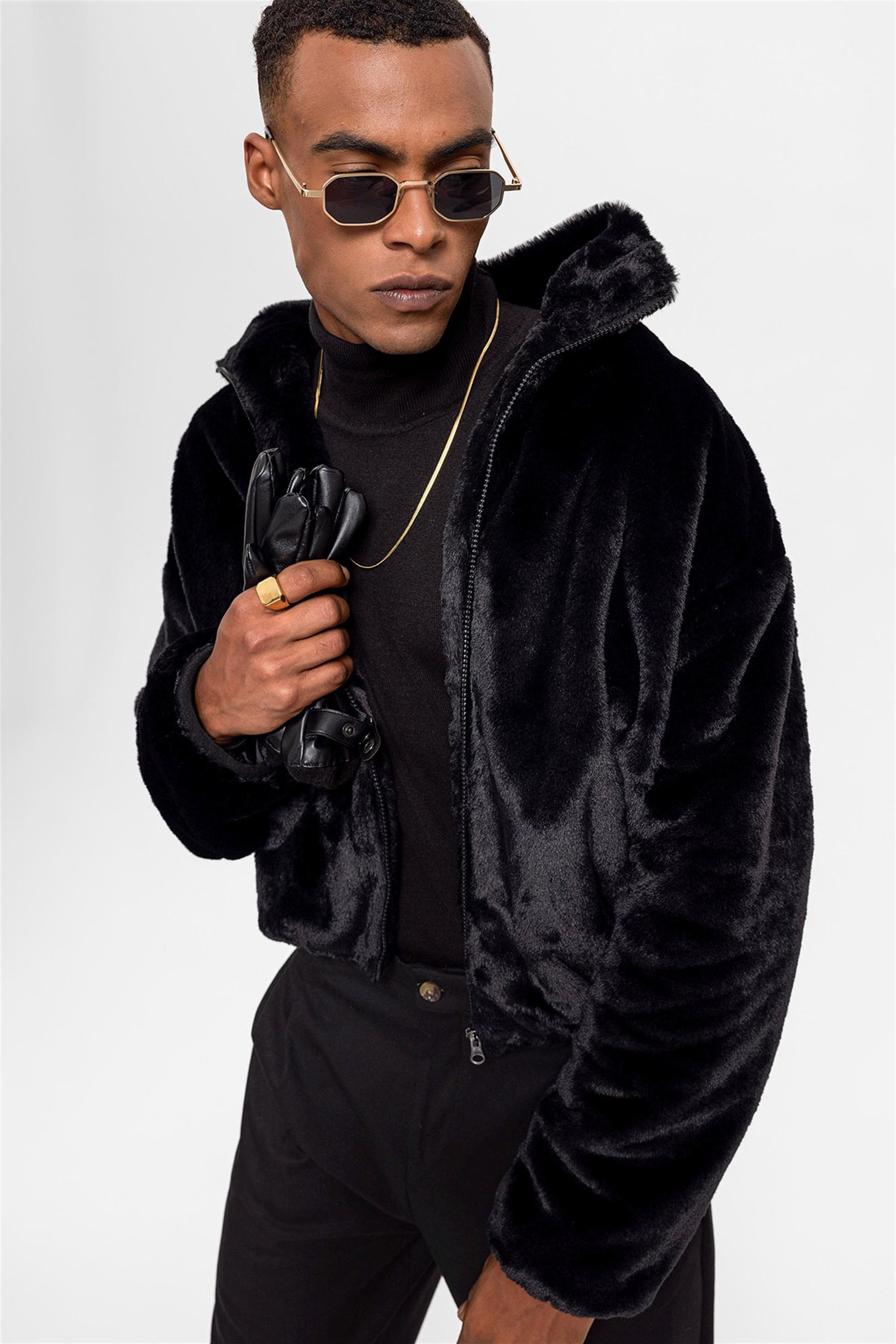 Antioch-Antioch Siyah Erkek Dik Yaka Suni Kürk Mont-Mont-1-Milagron.com