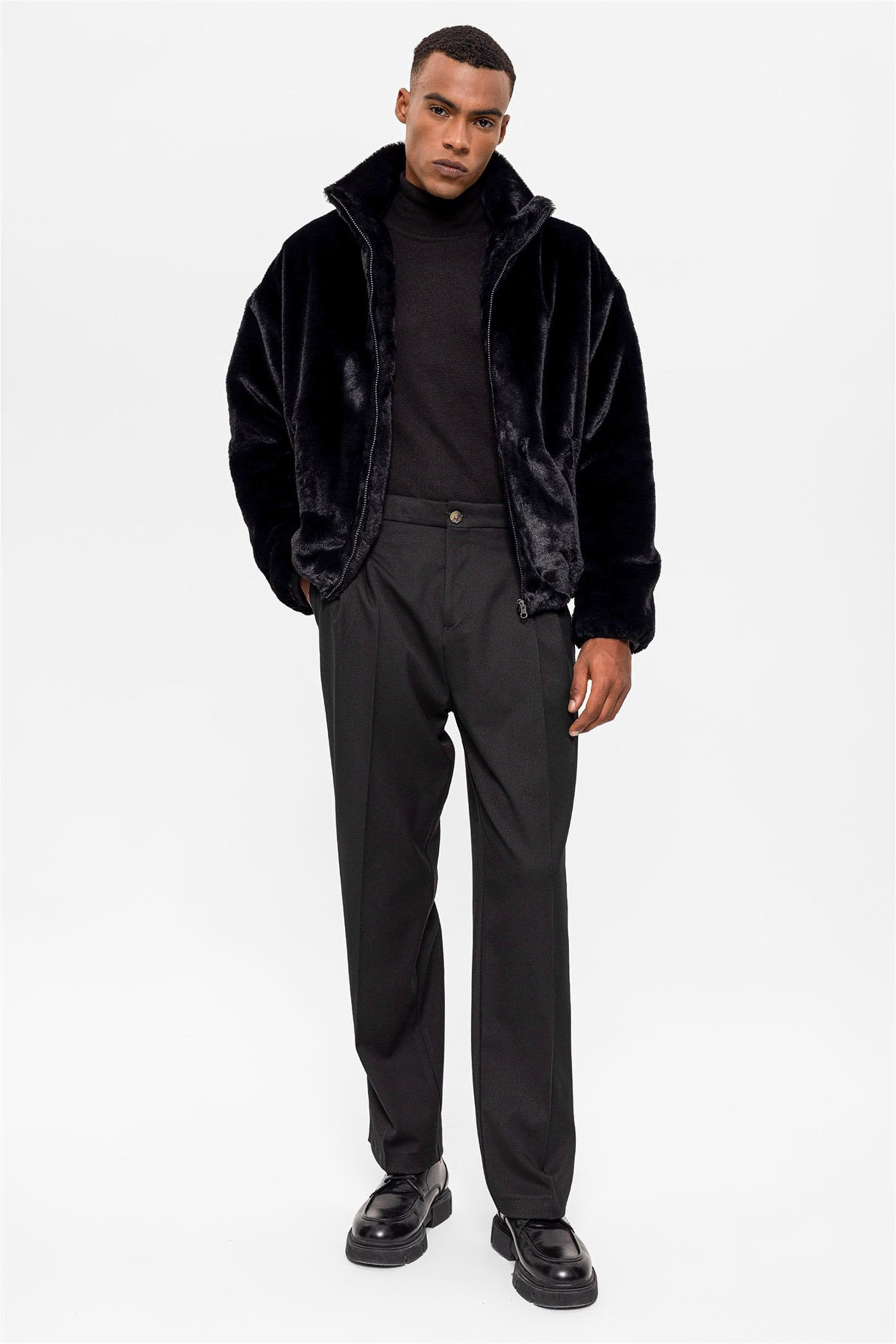 Antioch-Antioch Siyah Erkek Dik Yaka Suni Kürk Mont-Mont-2-Milagron.com