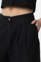 Antioch-Antioch Siyah Keten Karışımlı Kadın Culotte Pantolon-Kumaş Pantolon-3-Milagron.com