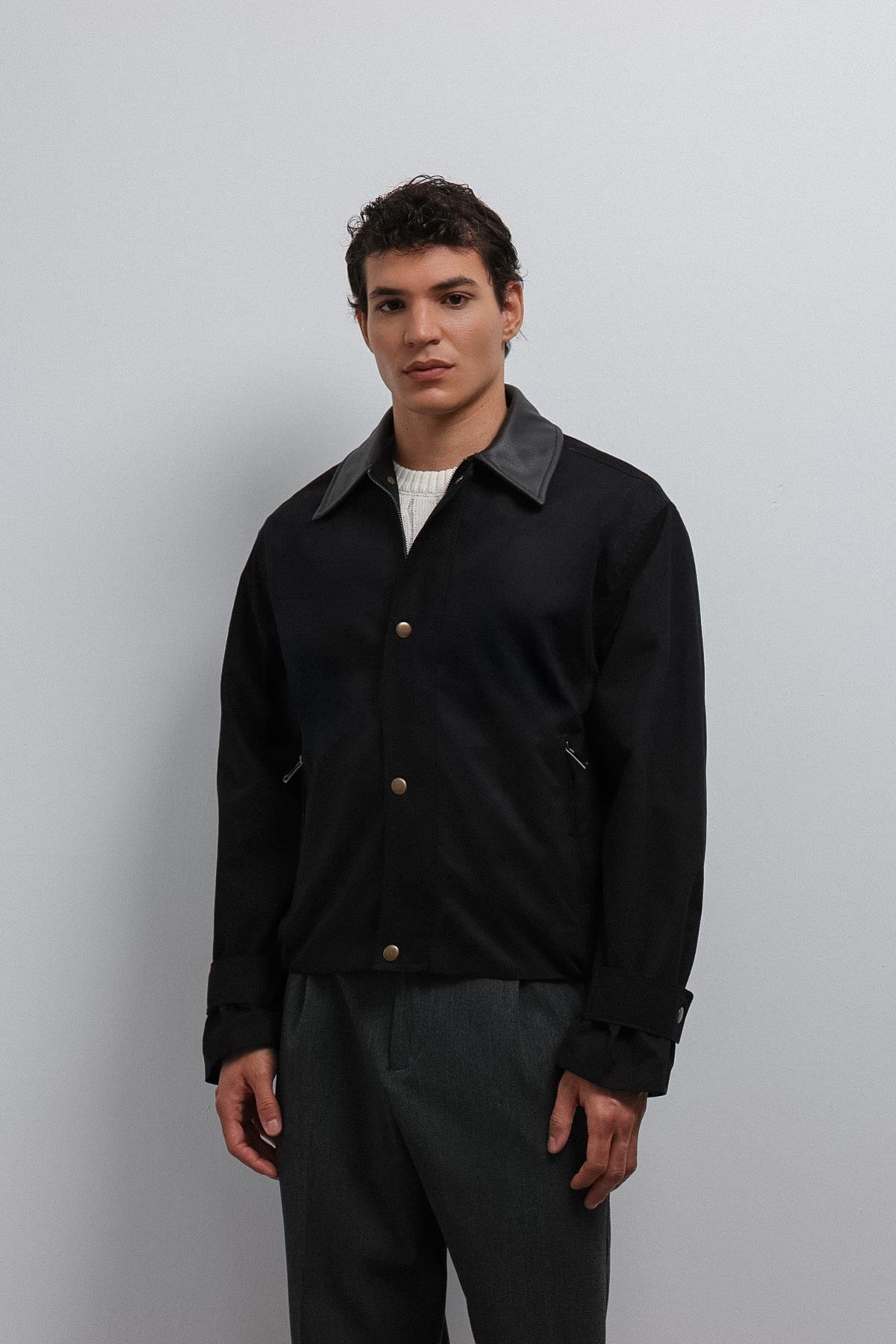 Antioch-Antioch Siyah Kontrast Yaka Teknik Erkek Mont-Mont-1-Milagron.com