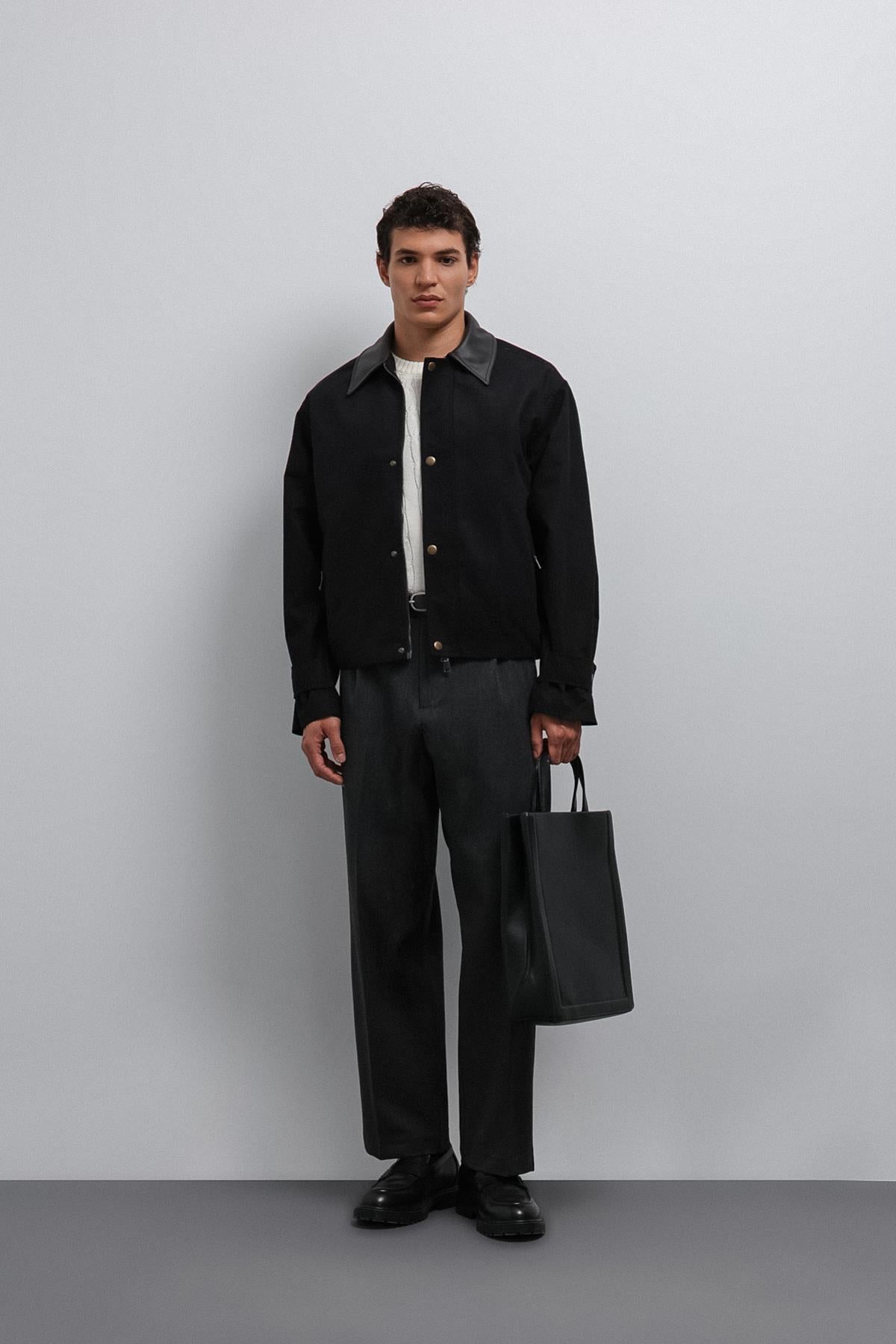 Antioch-Antioch Siyah Kontrast Yaka Teknik Erkek Mont-Mont-2-Milagron.com