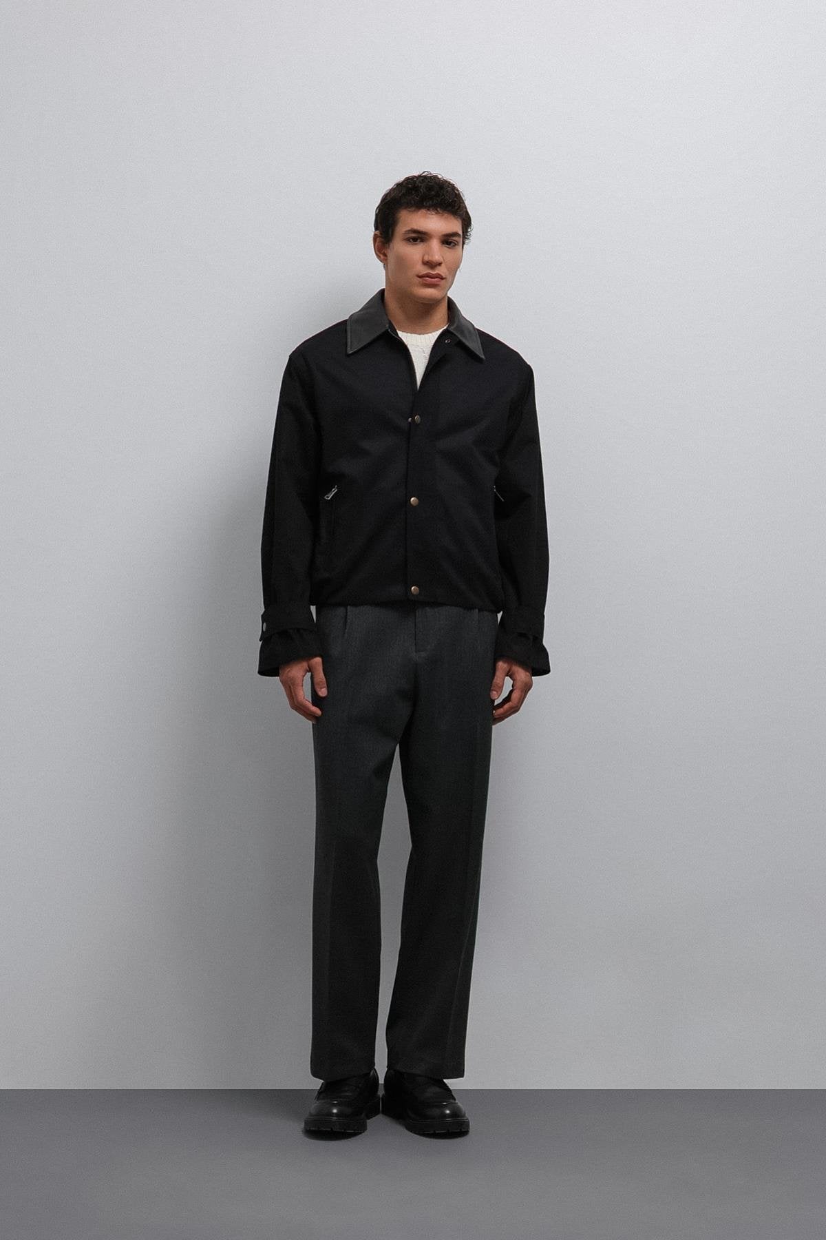 Antioch-Antioch Siyah Kontrast Yaka Teknik Erkek Mont-Mont-3-Milagron.com