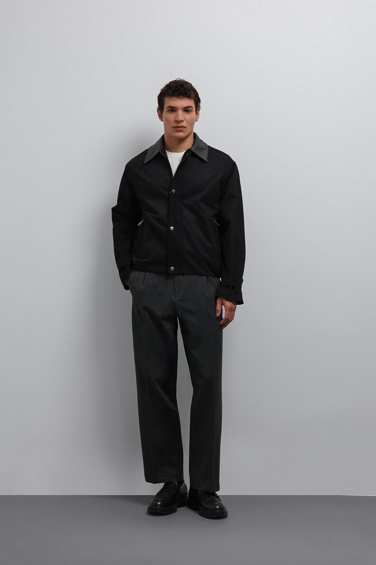 Antioch-Antioch Siyah Kontrast Yaka Teknik Erkek Mont-Mont-4-Milagron.com