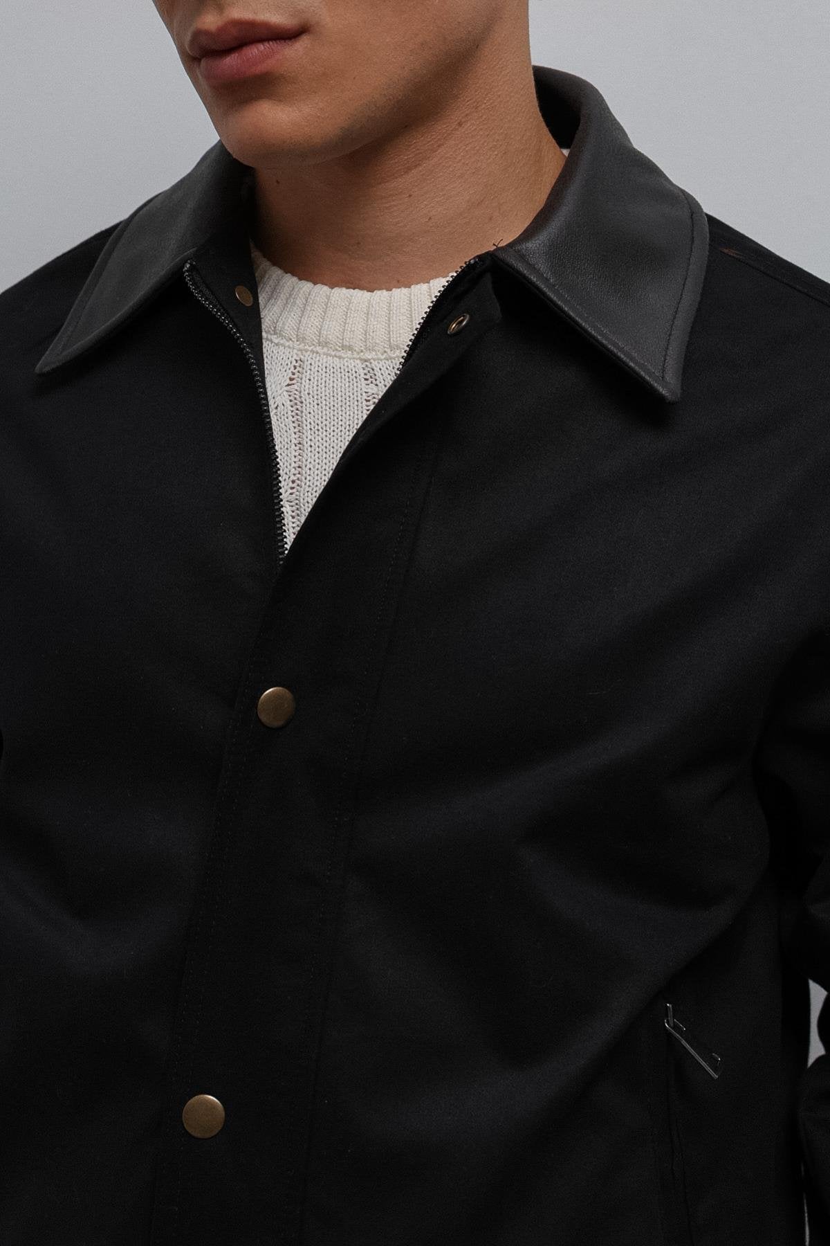 Antioch-Antioch Siyah Kontrast Yaka Teknik Erkek Mont-Mont-5-Milagron.com