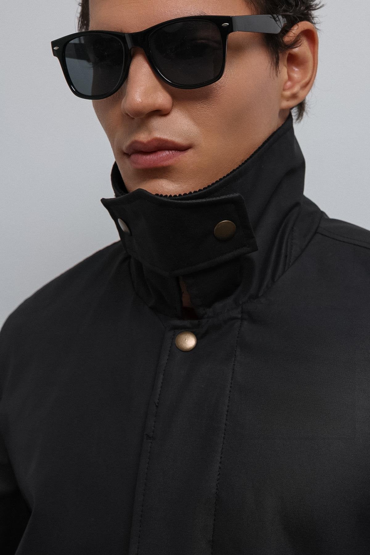 Antioch-Antioch Siyah Kontrast Yaka Teknik Erkek Trençkot-Trençkot-6-Milagron.com