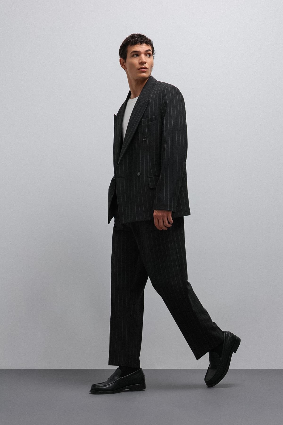 Antioch-Antioch Siyah çizgili Kruvaze Erkek Blazer Ceket-Blazer Ceket-4-Milagron.com