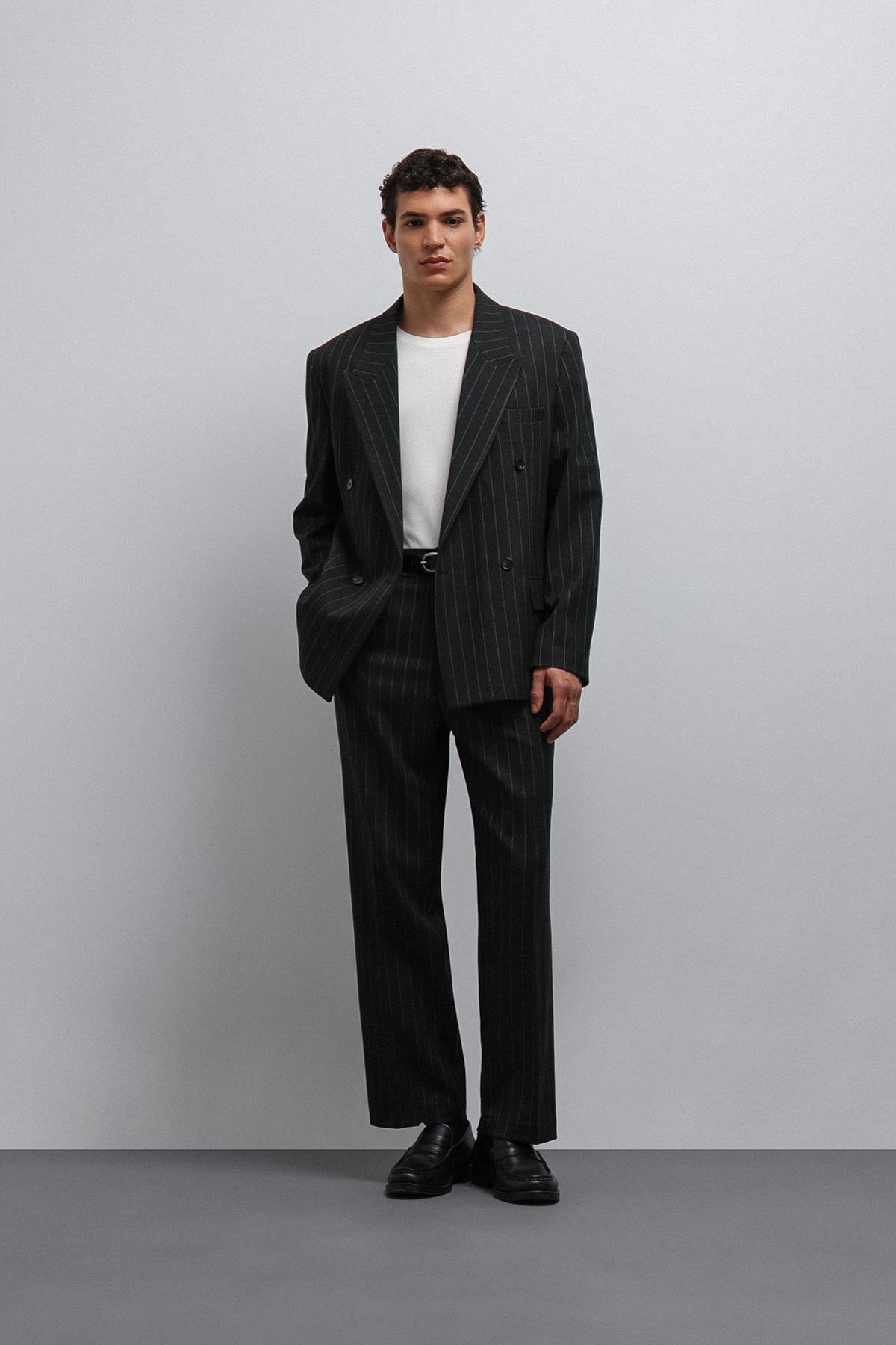 Antioch-Antioch Siyah çizgili Kruvaze Erkek Blazer Ceket-Blazer Ceket-5-Milagron.com