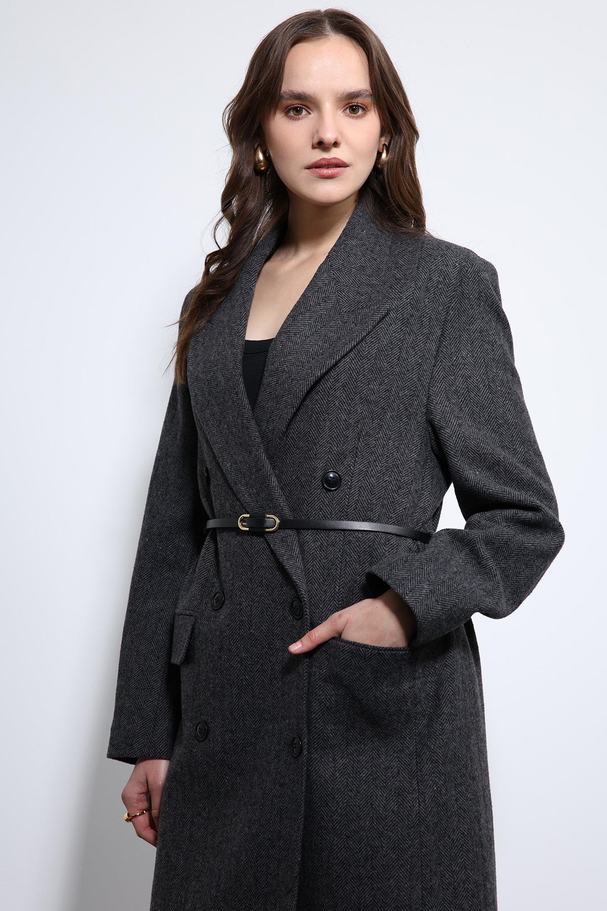 Antioch-Antrasit Balıksırtı Desenli Kemerli Kaban-Kaban-8-Milagron.com