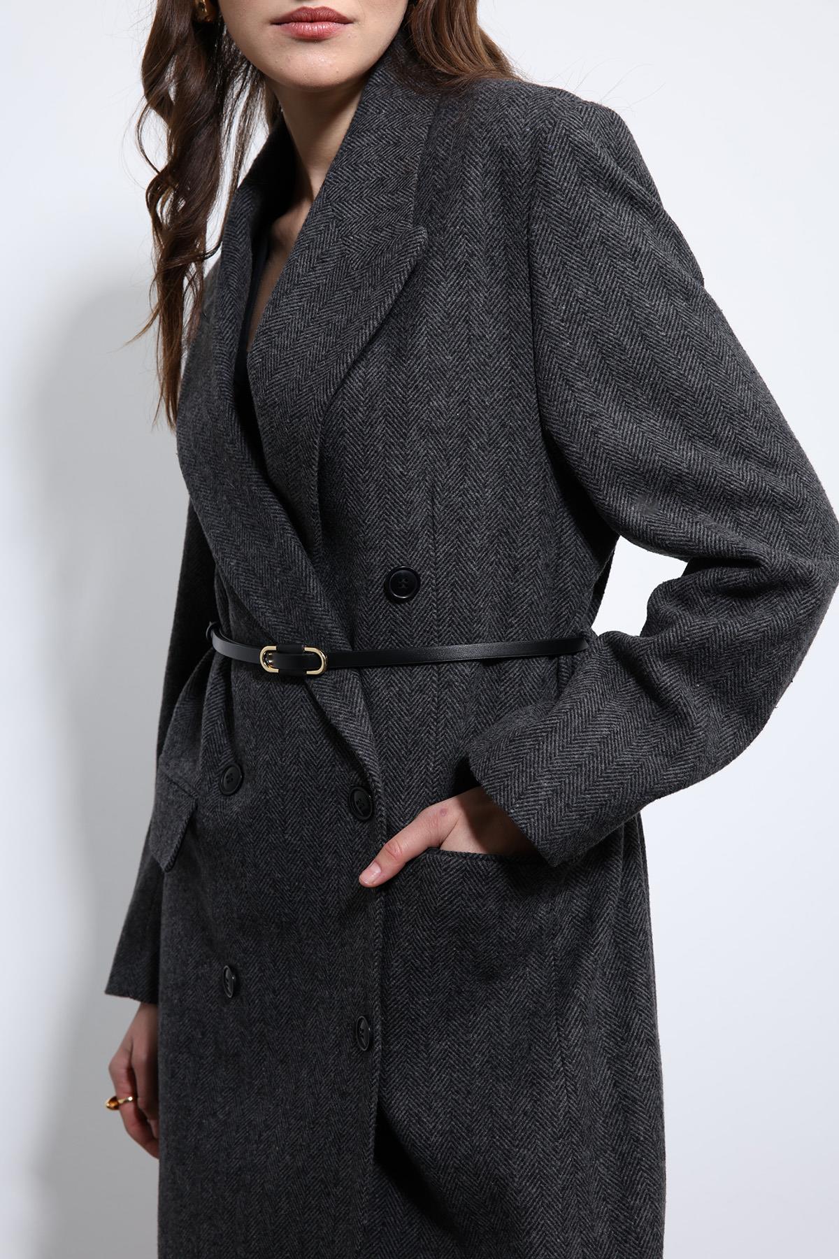 Antioch-Antrasit Balıksırtı Desenli Kemerli Kaban-Kaban-9-Milagron.com