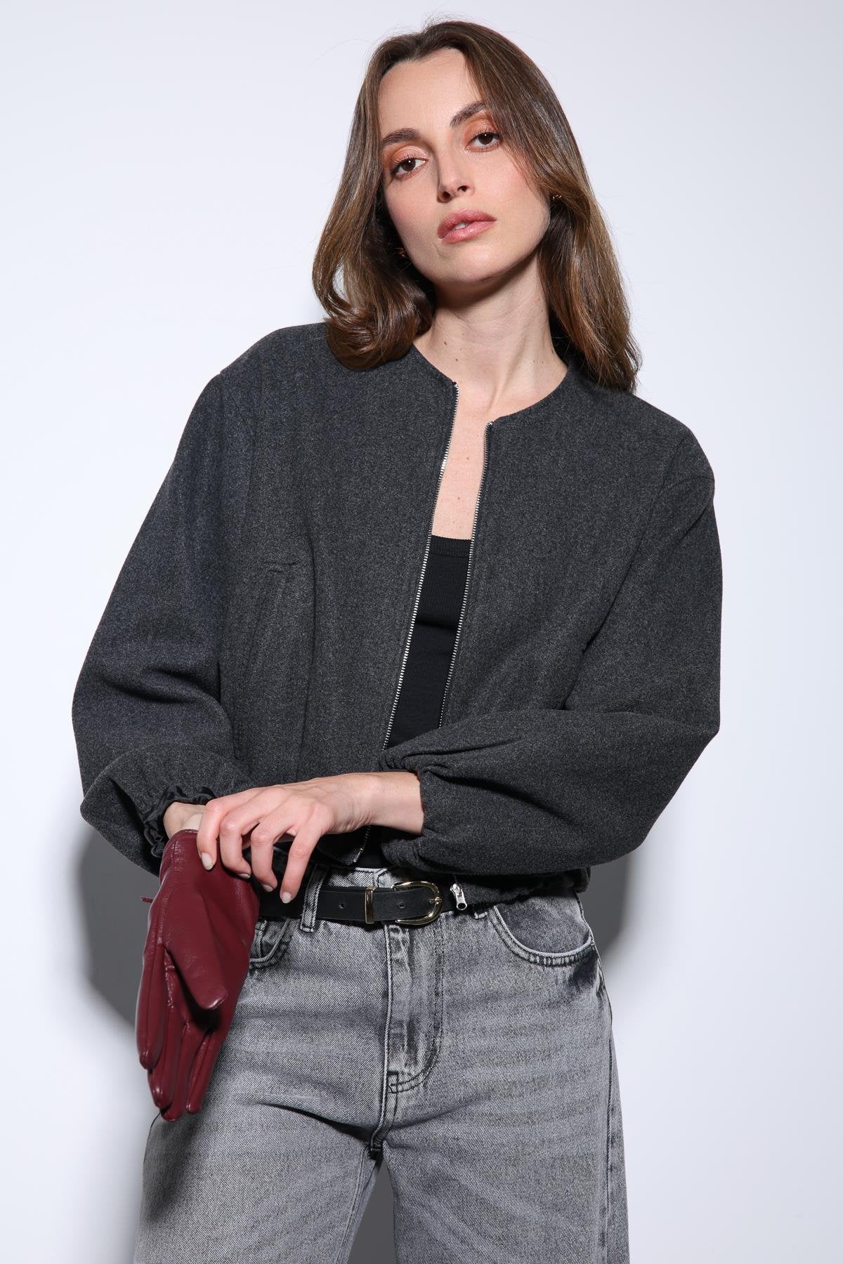 Antioch-Antrasit Bel Lastikli Crop Kadın Mont-Mont-2-Milagron.com