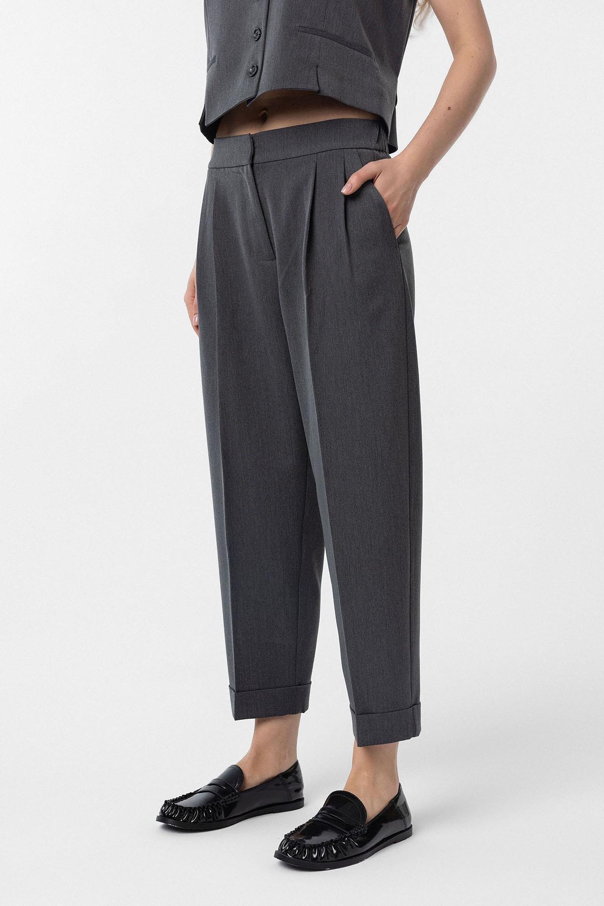 Antioch-Antrasit Duble Paça Pensli Kadın Pantolon-Kumaş Pantolon-1-Milagron.com