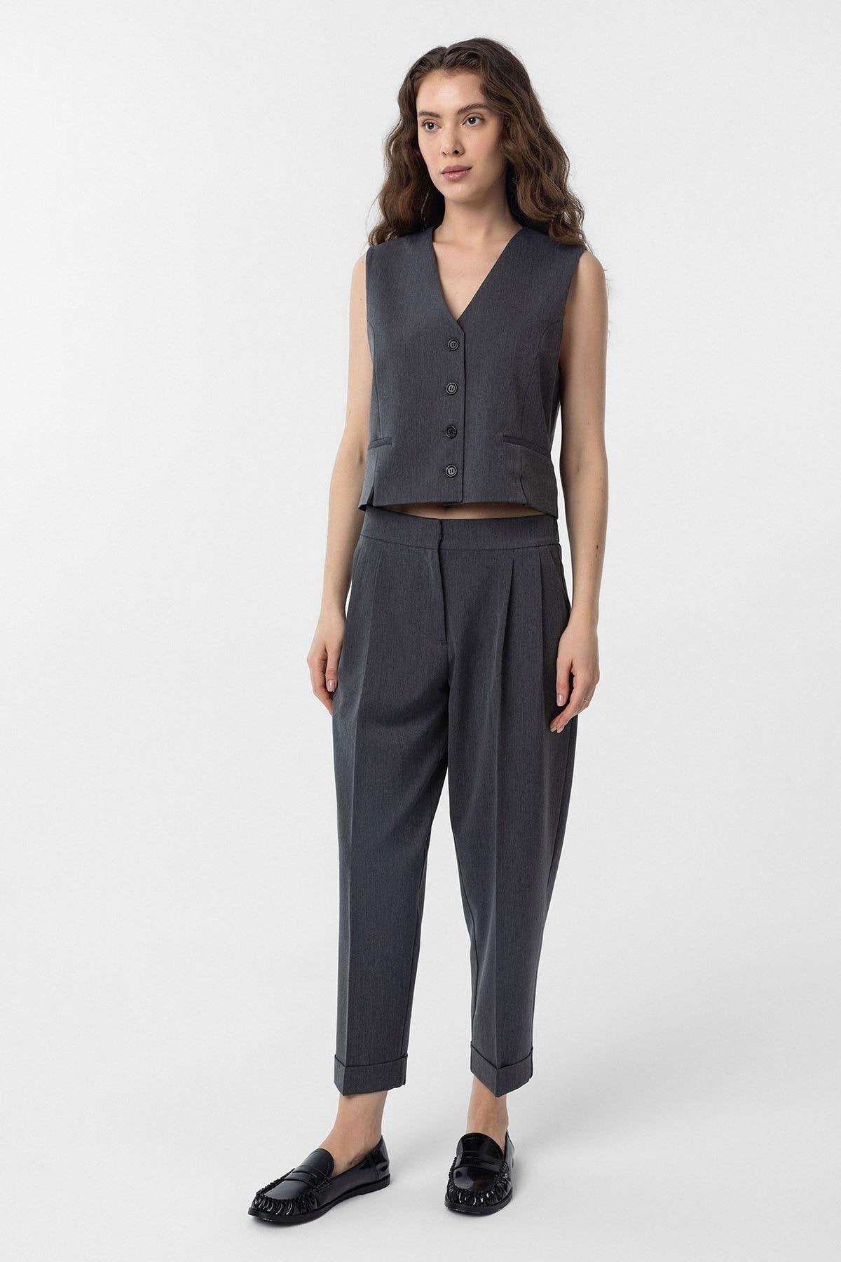 Antioch-Antrasit Duble Paça Pensli Kadın Pantolon-Kumaş Pantolon-2-Milagron.com