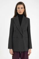 Antioch-Antrasit Kadın Yün Karışımlı Balıksırtı Desenli Blazer Ceket-Ceket-3-Milagron.com