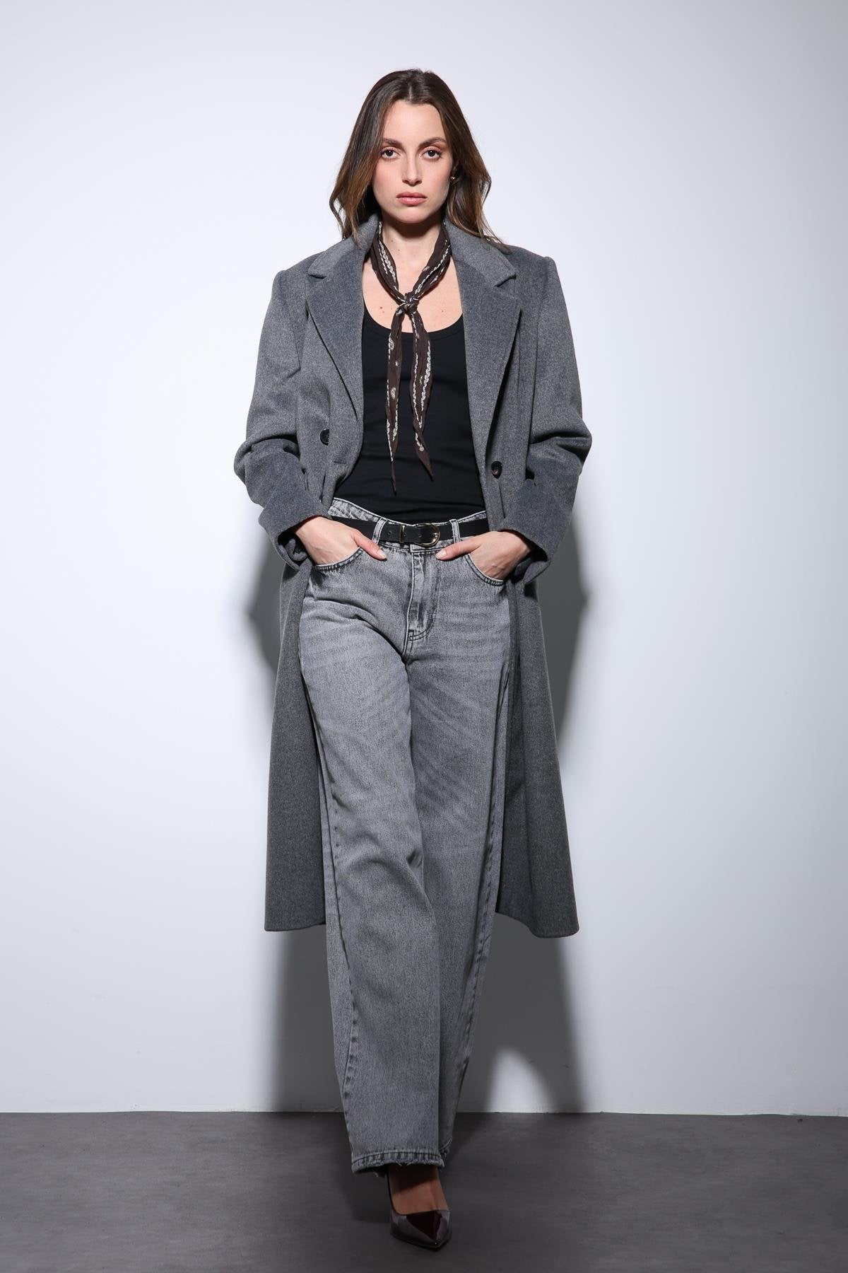 Antioch-Antrasit Yün Karışımlı Kruvaze Kadın Kaban-Kaban-2-Milagron.com