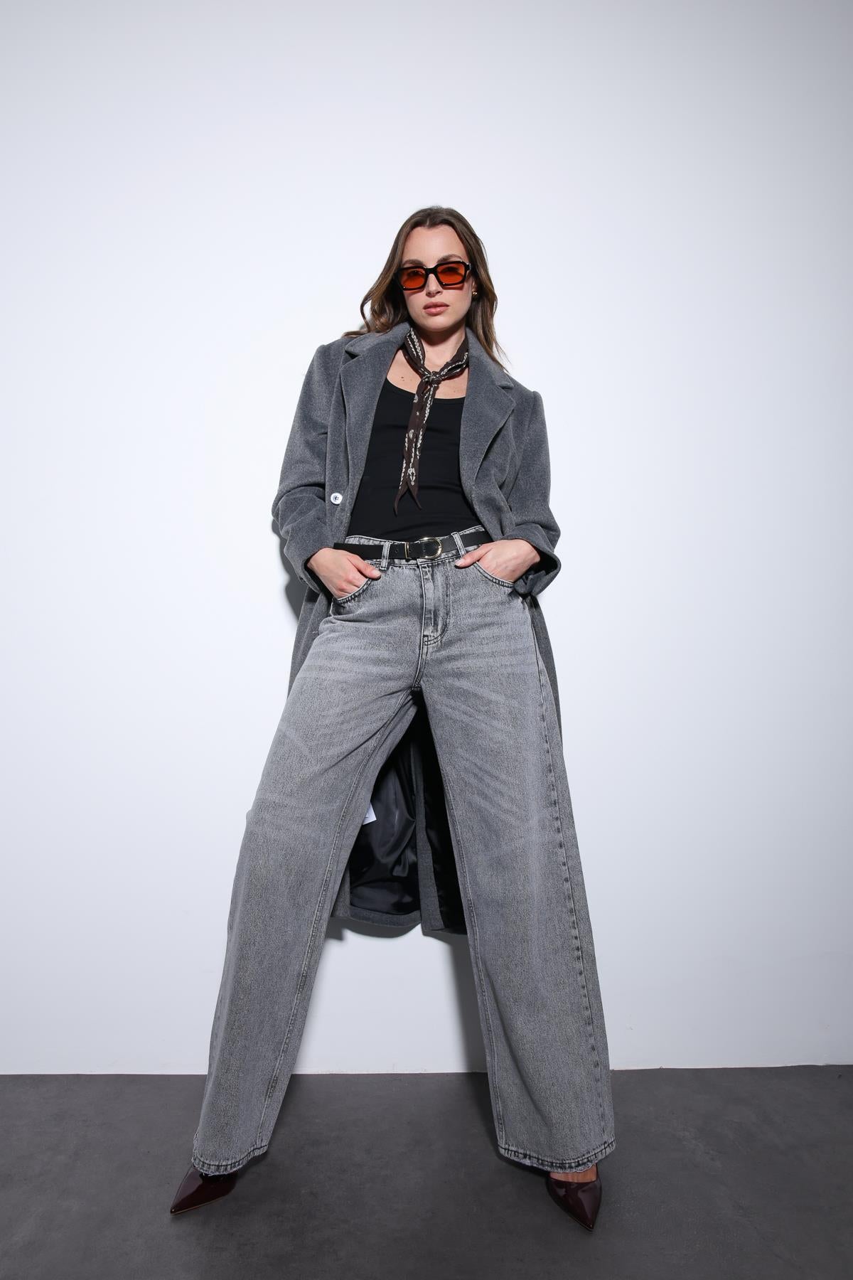 Antioch-Antrasit Yün Karışımlı Kruvaze Kadın Kaban-Kaban-4-Milagron.com