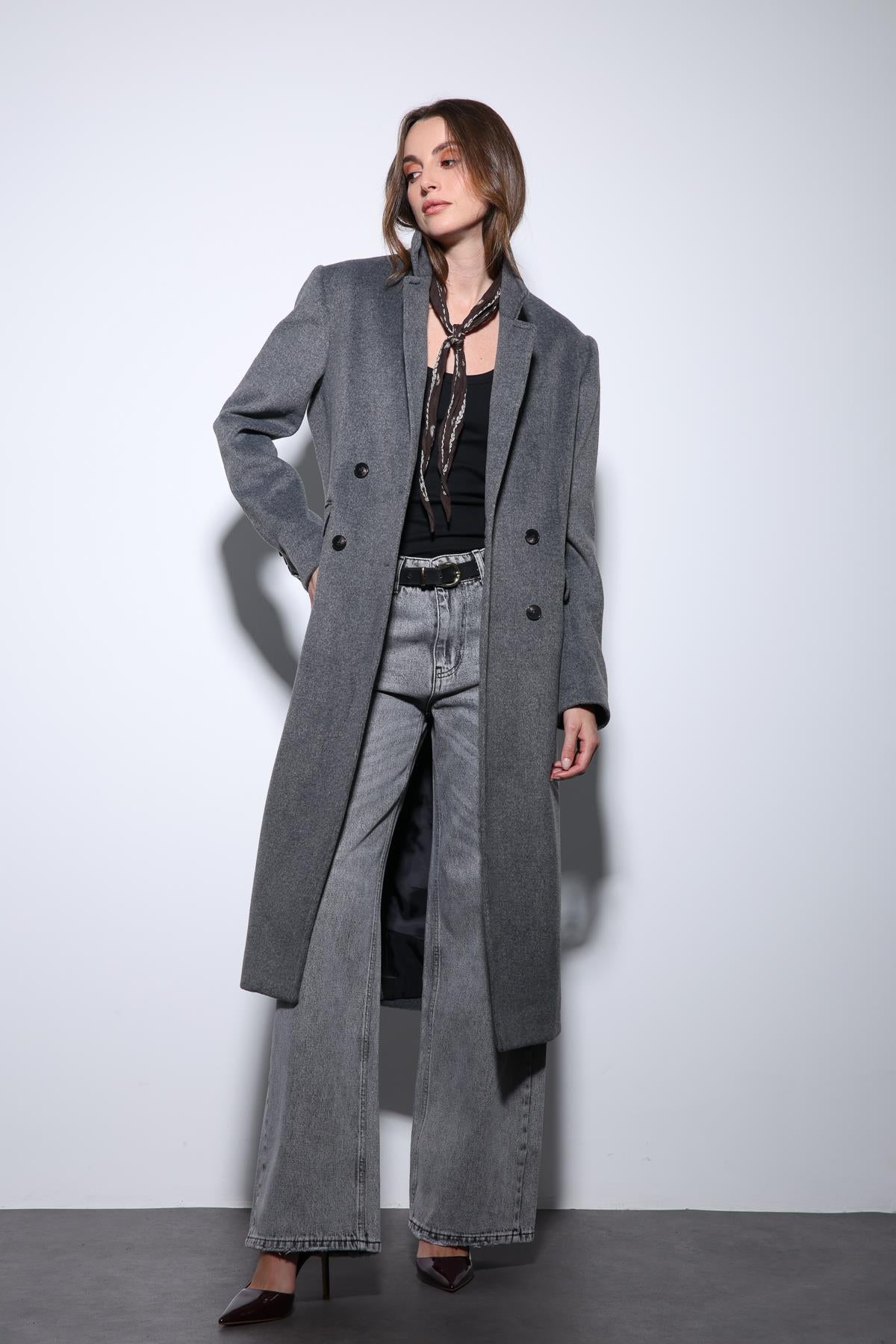 Antioch-Antrasit Yün Karışımlı Kruvaze Kadın Kaban-Kaban-5-Milagron.com