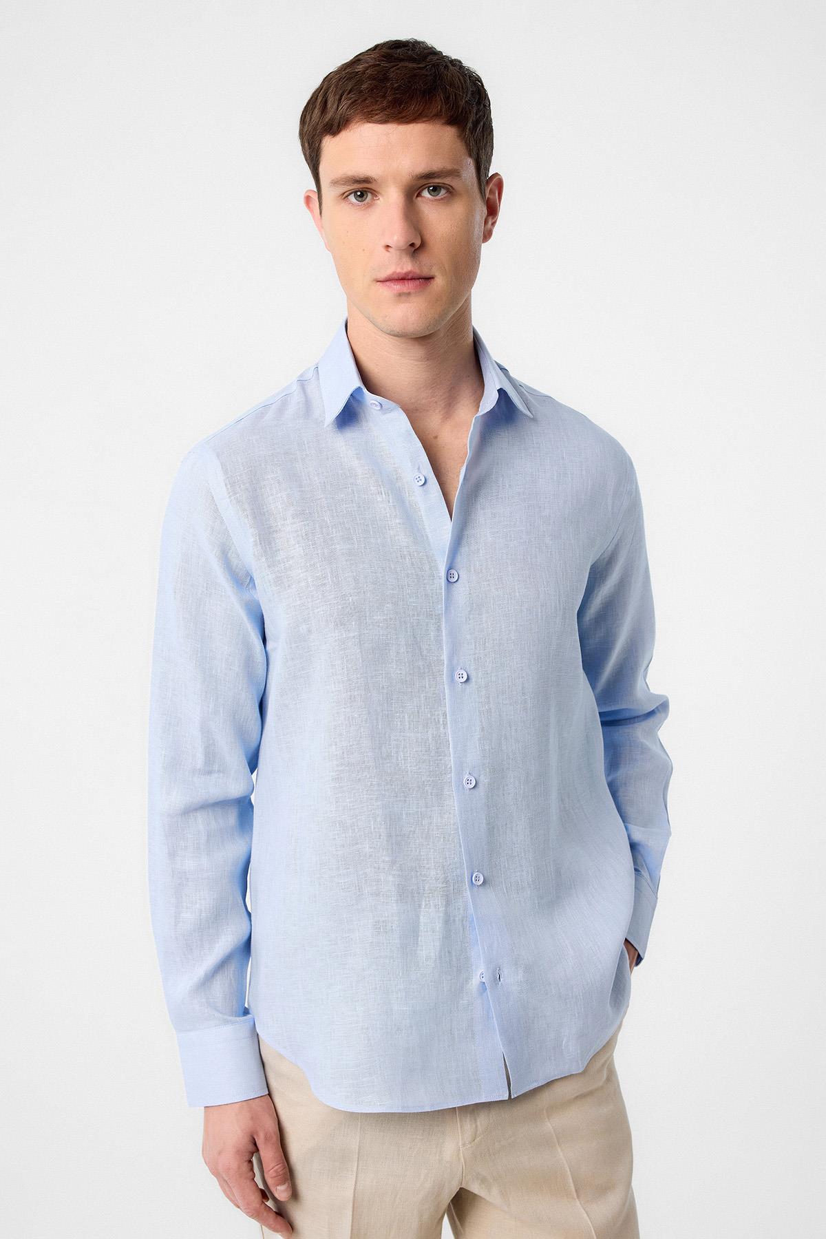 Antioch-Bebe Mavi 100% Keten Comfort Fit Erkek Gömlek-Gömlek-1-Milagron.com