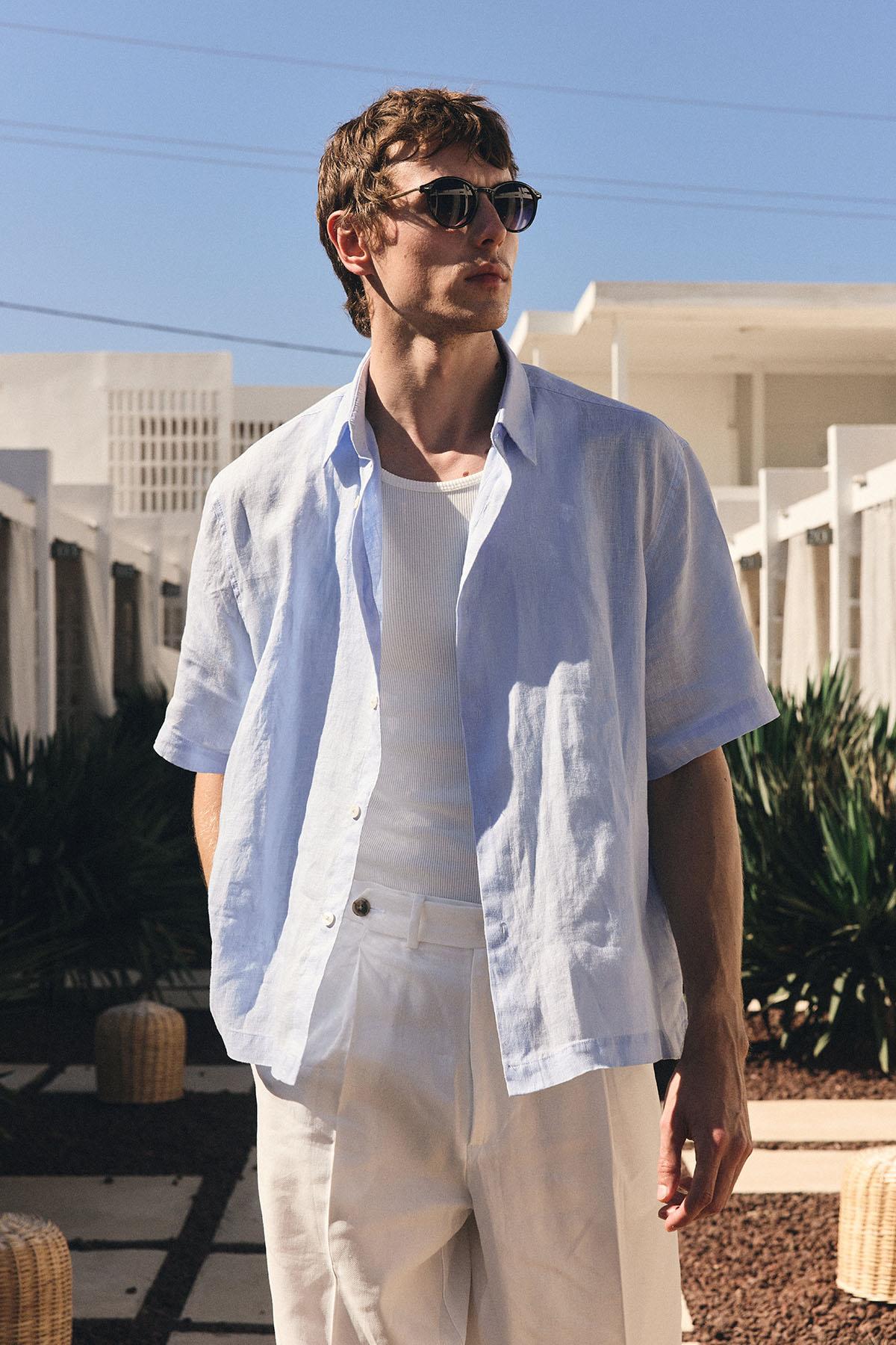 Antioch-Bebe Mavi 100% Keten Relaxed Erkek Gömlek-Gömlek-1-Milagron.com