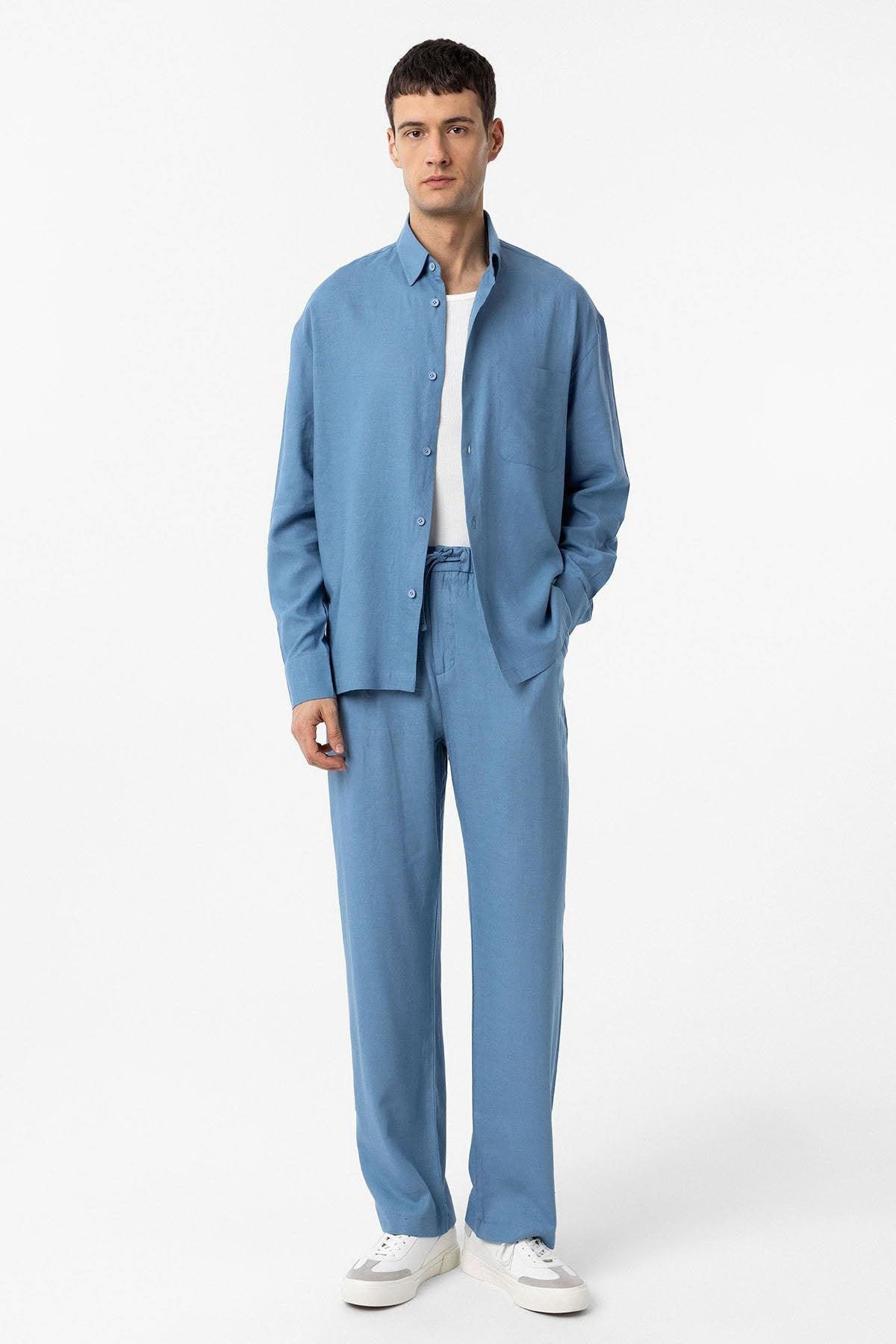 Antioch-Bebe Mavi Keten Karışımlı Relax Fit Erkek Gömlek-Gömlek-3-Milagron.com