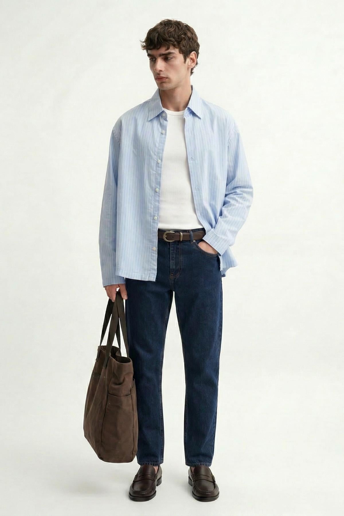 Antioch Bebe Mavi Relaxed Fit Çizgili Erkek Gömlek