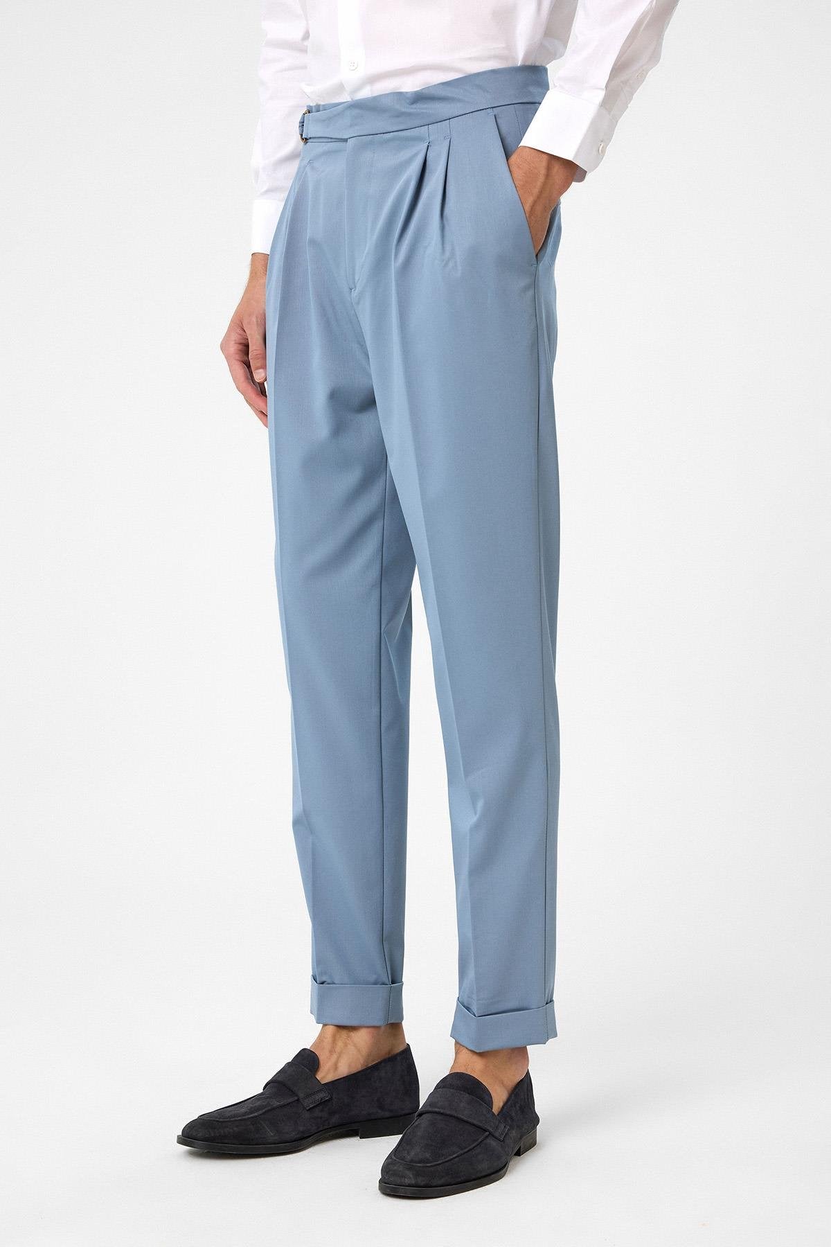 Antioch-Bebe Mavi Yüksek Bel Toka Kapama Pileli Erkek Pantolon-Kumaş Pantolon-1-Milagron.com