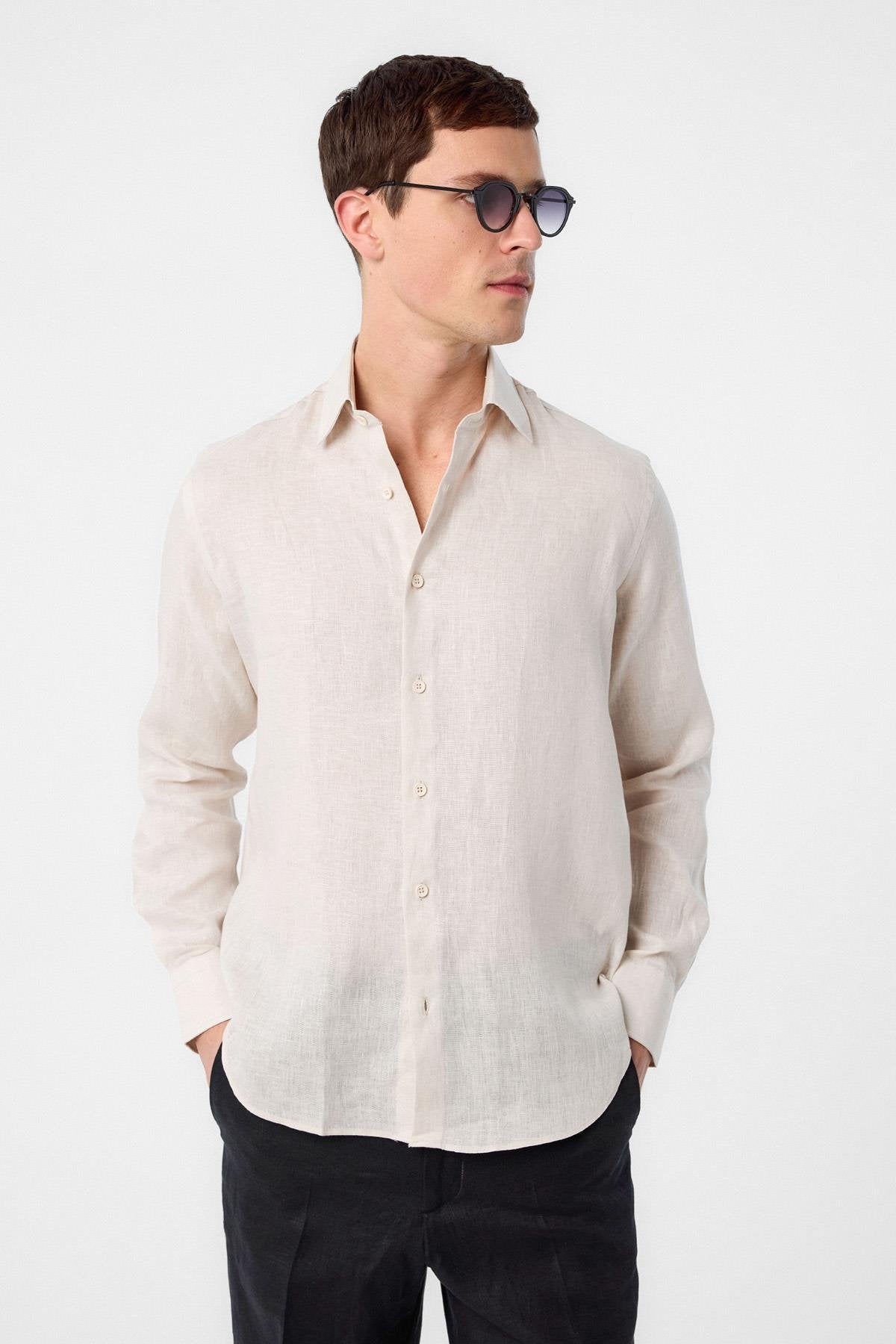 Antioch-Antioch Bej 100% Keten Comfort Fit Erkek Gömlek-Gömlek-5-Milagron.com