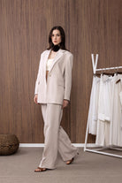 Antioch-Bej 100% Keten Yüksek Bel Pilili Kadın Pantolon-Kumaş Pantolon-1-Milagron.com