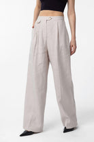 Antioch-Bej 100% Keten Yüksek Bel Pilili Kadın Pantolon-Kumaş Pantolon-2-Milagron.com