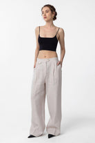 Antioch-Bej 100% Keten Yüksek Bel Pilili Kadın Pantolon-Kumaş Pantolon-3-Milagron.com