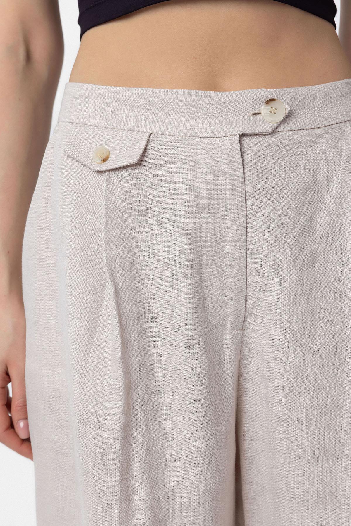 Antioch-Bej 100% Keten Yüksek Bel Pilili Kadın Pantolon-Kumaş Pantolon-4-Milagron.com