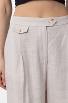 Antioch-Bej 100% Keten Yüksek Bel Pilili Kadın Pantolon-Kumaş Pantolon-4-Milagron.com