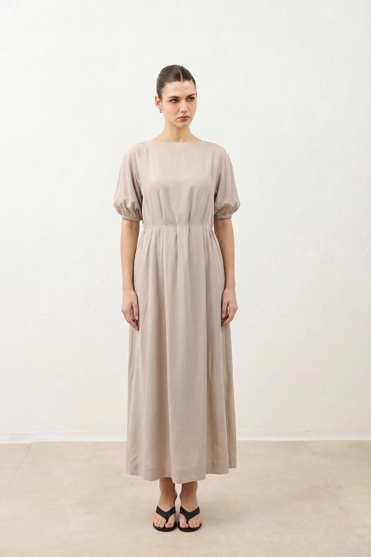 Antioch Bej Balon Kol Midi Kadın Elbise