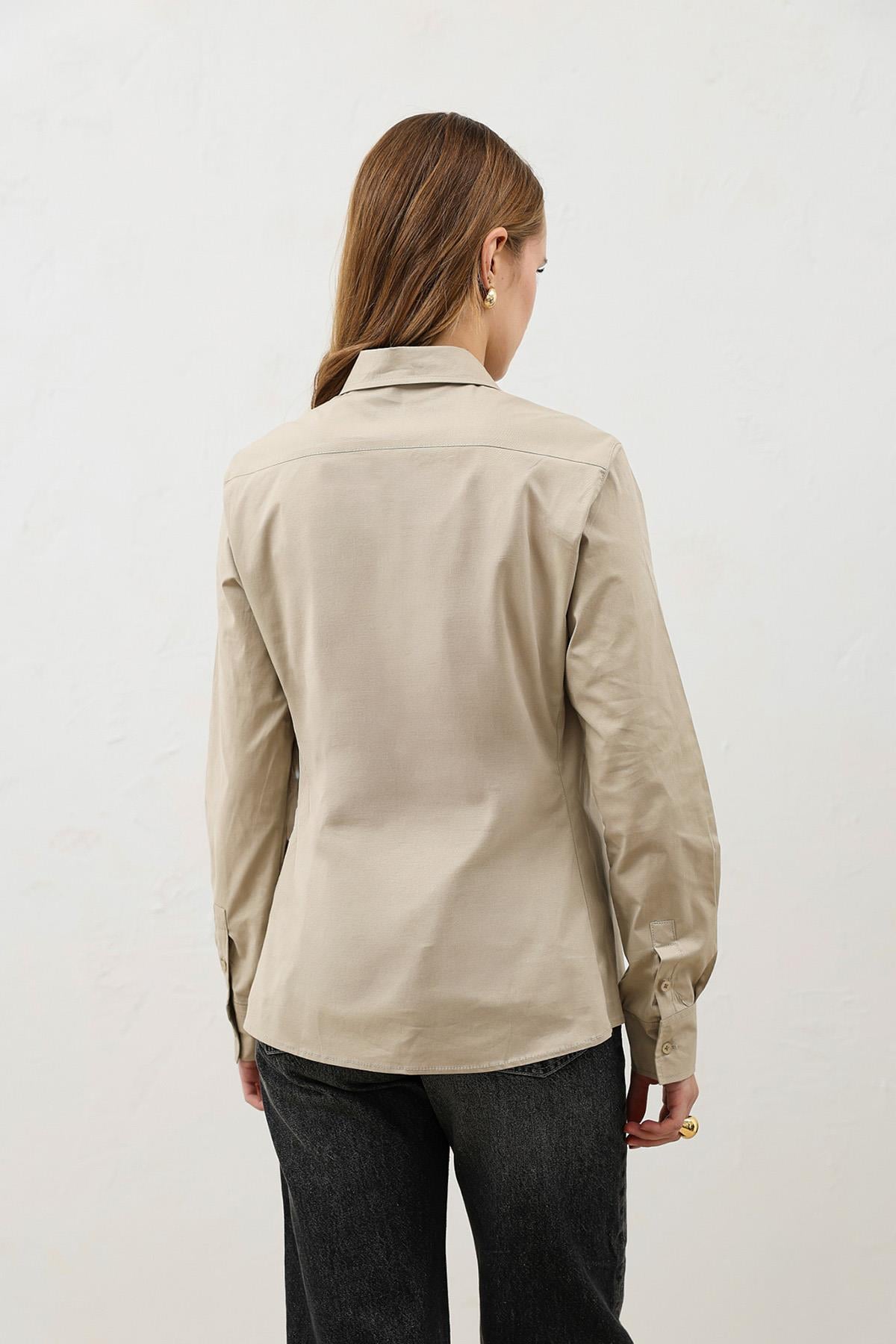 Antioch Bej Basic Slim Fit Kadın Gömlek