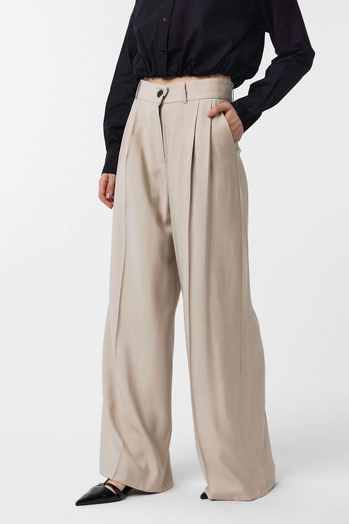 Antioch-Bej Çift Pilili Kadın Pantolon-Kumaş Pantolon-1-Milagron.com