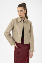 Antioch-Bej Kadın Polo Yaka Suni Deri Ceket-Ceket-1-Milagron.com