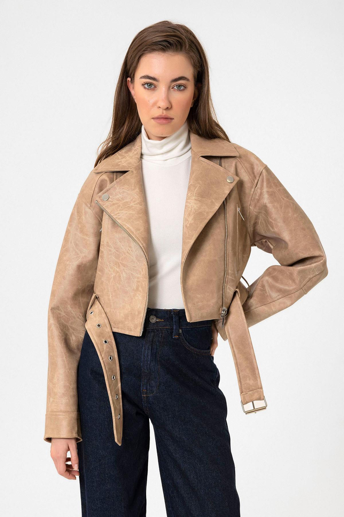 Antioch-Bej Kadın Suni Deri Crop Biker Ceket-Ceket-2-Milagron.com