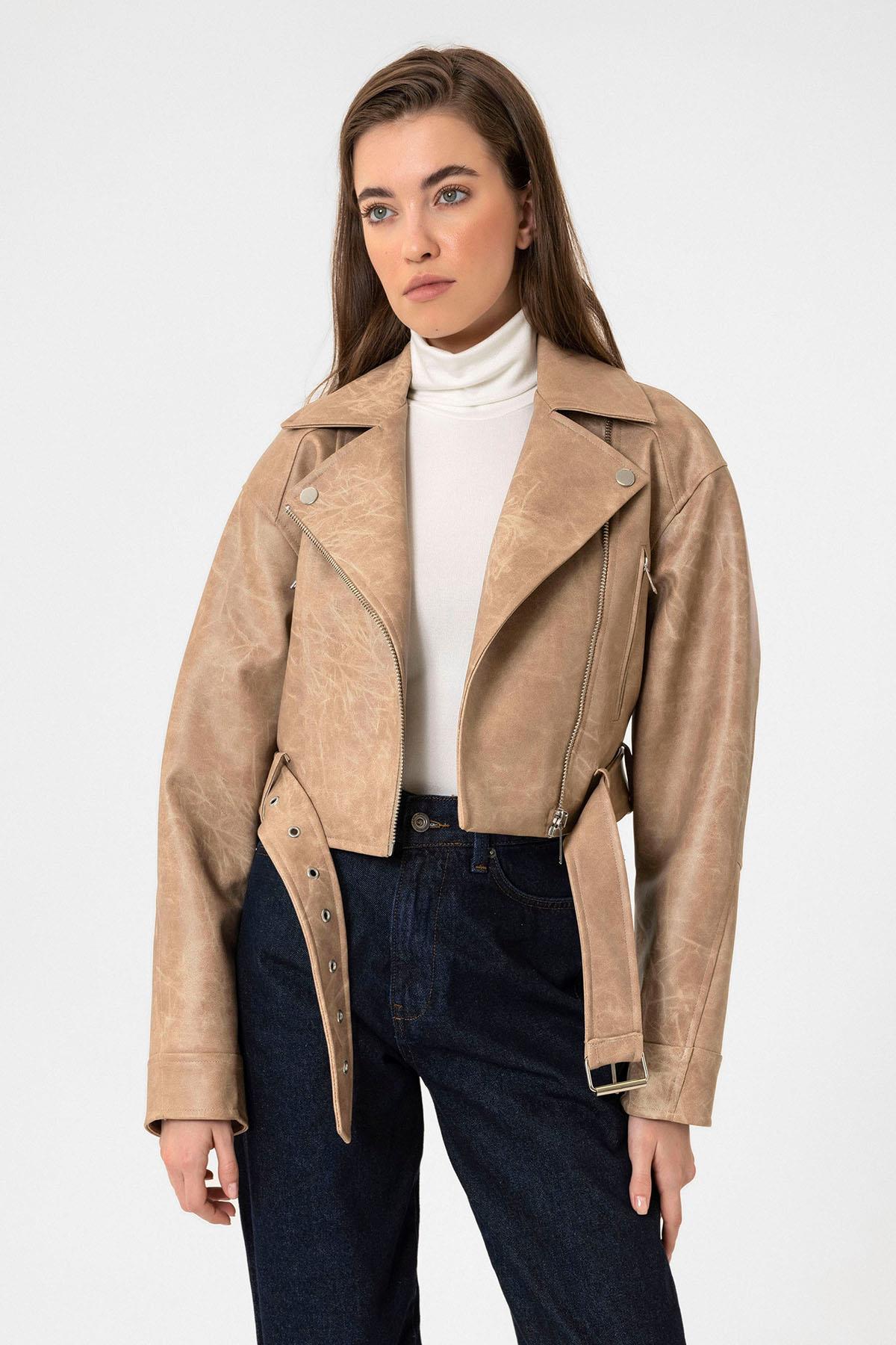 Antioch-Bej Kadın Suni Deri Crop Biker Ceket-Ceket-4-Milagron.com