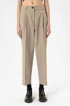 Antioch-Bej Kadın Yüksek Bel Straight Fit Kısa Pantolon-Kumaş Pantolon-1-Milagron.com