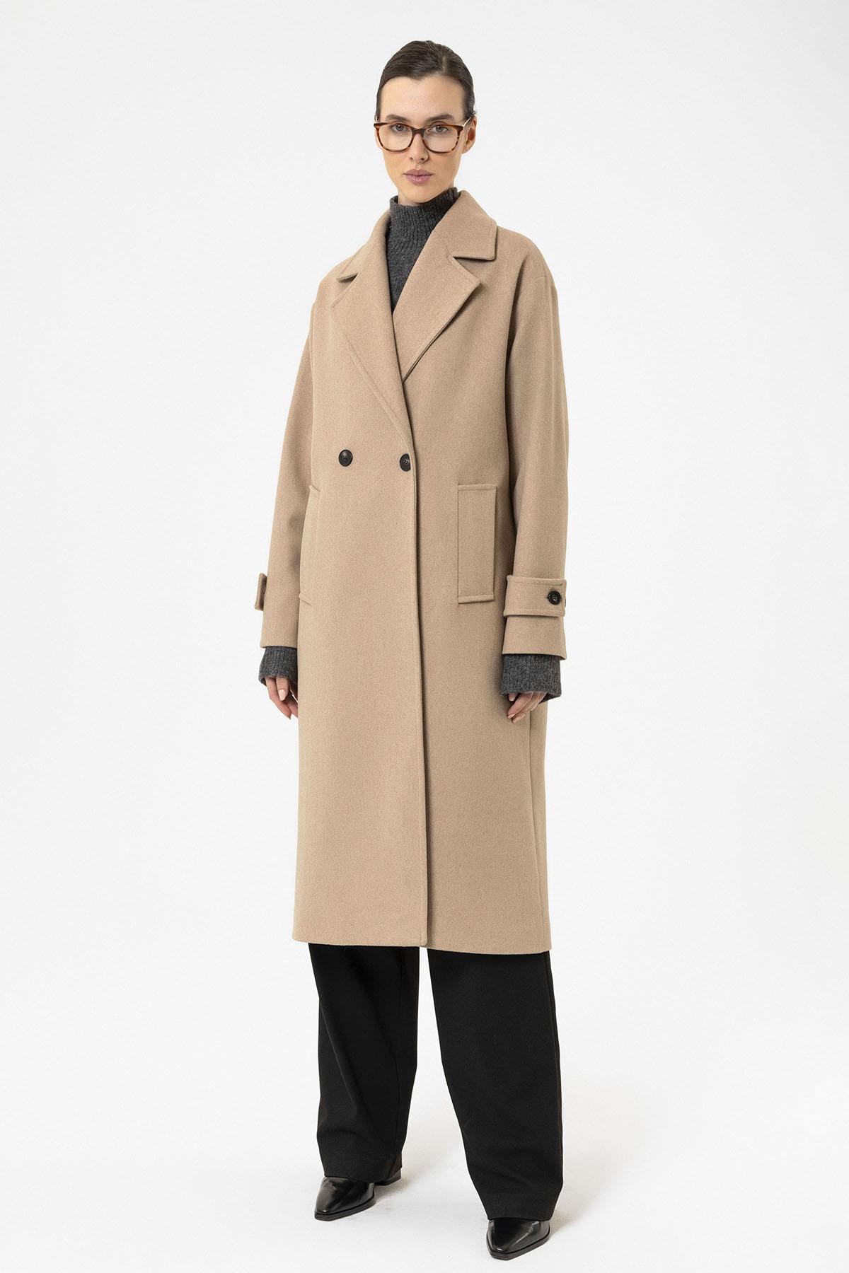 Antioch-Bej Kadın Yumuşak Dokulu Oversize Kruvaze Kaban-Kaban-1-Milagron.com